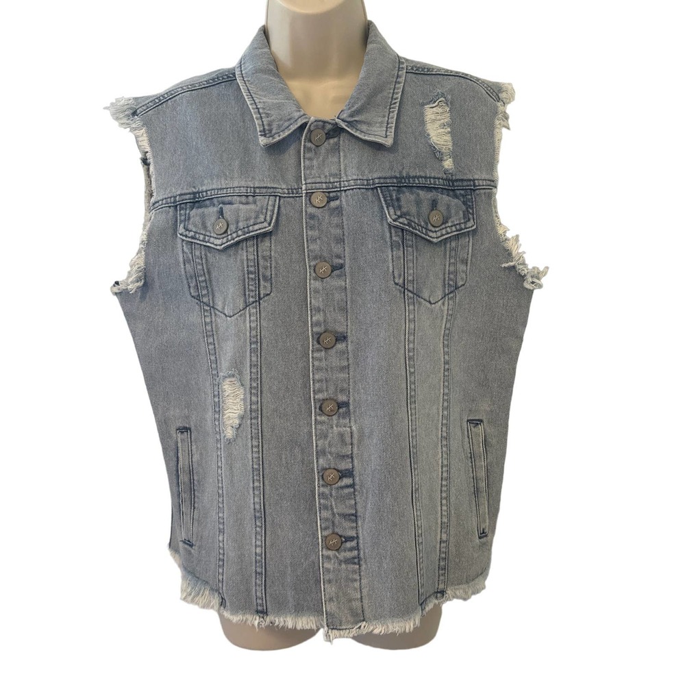 Karen Kane Lifestyle Distressed Denim Vest Light Wash Blue L69529 Womens L‎